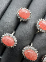 Natural Rhodochrosite Adjustable Stainless Steel Ring – Oval Pink Gemstone Halo Ring