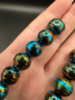 Large Black Glass Round Bead Strand – Turquoise Blue, Gold & Copper Metallic Accents
