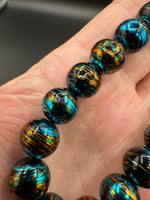 Large Black Glass Round Bead Strand – Turquoise Blue, Gold & Copper Metallic Accents