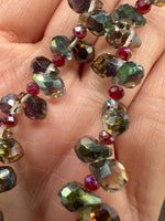 Iridescent Smoky AB Glass Teardrop Bead Strand – Red Faceted Spacer Beads