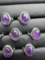 Natural Amethyst Adjustable Stainless Steel Ring – Oval Cabochon Gemstone Ring