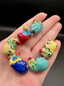 Colorful Ceramic Bird Bead Strand – Hand Painted Glazed Novelty Birds – Jewelry Making & Craft Supplies