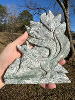 Moss Agate Nine-Tailed Fox Carving with Druzy