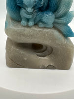 Unique Trolleite Nine-Tailed Fox Carving with Flower