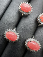 Natural Rhodochrosite Adjustable Stainless Steel Ring – Oval Pink Gemstone Halo Ring