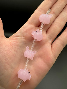 Pink Glass Pig Bead Strand – Handmade Lampwork Pig Beads with Clear Glass Spacer Beads for Jewelry Making & Crafts