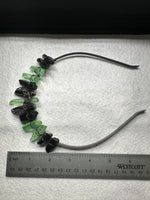 Green & Black Handmade Natural Crystal Crown Headband – Aura-Coated Crystal Points & Crescent Moon