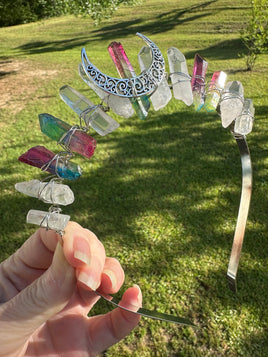 Clear Quartz & Rainbow Aura Crystal Crown Headband – Crescent Moon