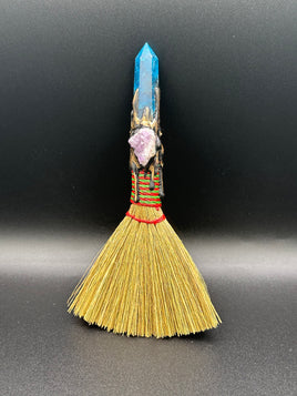 Blue Apatite & Amethyst Witch Broom with Crystal Cluster