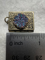 Antique Brass Book Locket Pendant with Iridescent Faux Druzy Accent – Opening Photo Locket Pendant