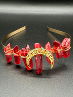 Red & Gold Natural Crystal Crown Headband – Aura-Coated Quartz & Crescent Moon