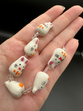Handmade Lampwork Glass Bunny Bead Strand – White Rabbit Beads with Clear Glass Spacer Beads for Jewelry Making & Crafts