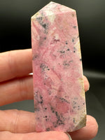 Rhodochrosite Four-Sided Tower #4 – Pink Swirls & Dark Matrix Crystal Point