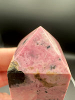 Rhodochrosite Four-Sided Tower #5 – Pink, Cream & Dark Matrix Crystal Point