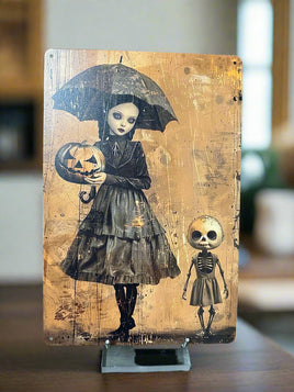 Halloween Girl with Pumpkin Tin Sign