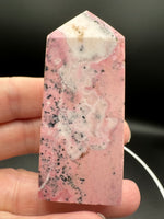 Rhodochrosite Four-Sided Tower #6 – Rose Pink, Cream & Black Matrix Crystal Point