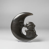 Silver Sheen Obsidian Moon With Snowman Carving