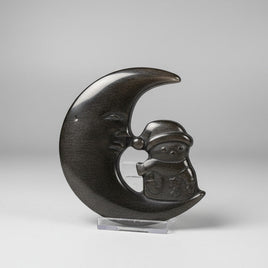 Silver Sheen Obsidian Moon With Snowman Carving