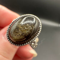 Natural Gold Sheen Obsidian Adjustable Stainless Steel Ring – Oval Cabochon Gemstone Ring