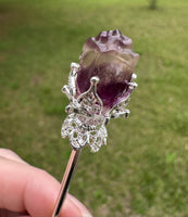 Fluorite Rose Silvertone Metal Hairpin/Scepter #12