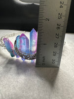 Pink, Blue & Silver Handmade Natural Crystal Crown Headband – Aura-Coated Crystal Points & Crescent Moon
