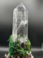 Natural Clear Quartz Crystal Palm Broom with Green Moss & Woodland Décor