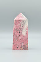 Rhodochrosite Four-Sided Tower #6 – Rose Pink, Cream & Black Matrix Crystal Point