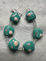 Turquoise Cat Face Ceramic Bead Strand – Hand-Painted Jewelry Making Beads