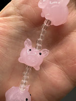Pink Glass Pig Bead Strand – Handmade Lampwork Pig Beads with Clear Glass Spacer Beads for Jewelry Making & Crafts