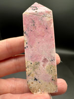 Rhodochrosite Four-Sided Tower #4 – Pink Swirls & Dark Matrix Crystal Point
