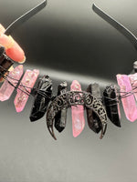 Pink & Black Handmade Natural Crystal Crown Headband – Aura-Coated Crystal Points & Crescent Moon