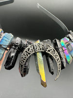 Rainbow & Black Handmade Natural Crystal Crown Headband – Aura-Coated Crystal Points & Crescent Moon