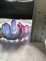 Pink, Blue & Silver Handmade Natural Crystal Crown Headband – Aura-Coated Crystal Points & Crescent Moon