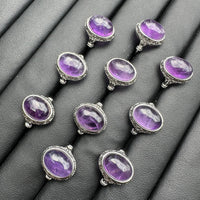Natural Amethyst Adjustable Stainless Steel Ring – Oval Cabochon Gemstone Ring