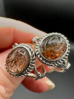 Natural Rutile Quartz Adjustable Stainless Steel Ring – Oval Cabochon – Golden Rutilated Quartz