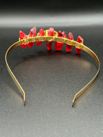 Red & Gold Natural Crystal Crown Headband – Aura-Coated Quartz & Crescent Moon