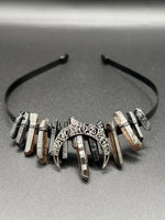 Brown & Black Handmade Natural Crystal Crown Headband – Aura-Coated Crystal Points & Crescent Moon