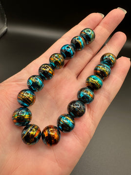 Large Black Glass Round Bead Strand – Turquoise Blue, Gold & Copper Metallic Accents