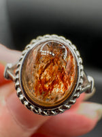 Natural Rutile Quartz Adjustable Stainless Steel Ring – Oval Cabochon – Golden Rutilated Quartz