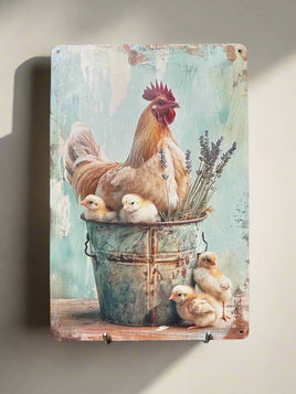 Hen & Chicks with Bucket Tin Sign