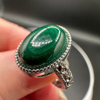 Natural Malachite Adjustable Stainless Steel Ring – Oval Gemstone Cabochon Ring
