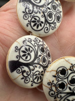 Ivory Glass Tree of Life Disc Bead Strand – Black Floral Design