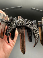 Brown & Black Handmade Natural Crystal Crown Headband – Aura-Coated Crystal Points & Crescent Moon
