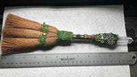 Natural Clear Quartz Crystal Palm Broom with Green Moss & Woodland Décor