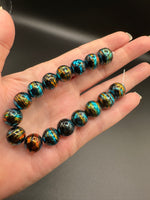 Large Black Glass Round Bead Strand – Turquoise Blue, Gold & Copper Metallic Accents