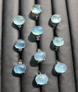 Natural Aquamarine Adjustable Stainless Steel Ring – Genuine Aquamarine Cabochon Ring