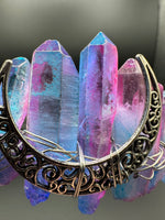 Pink, Blue & Silver Handmade Natural Crystal Crown Headband – Aura-Coated Crystal Points & Crescent Moon