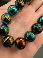 Large Black Glass Round Bead Strand – Turquoise Blue, Gold & Copper Metallic Accents