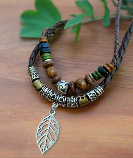 Wooden Bead Necklace with Leaf