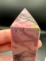 Rhodochrosite Four-Sided Tower #4 – Pink Swirls & Dark Matrix Crystal Point